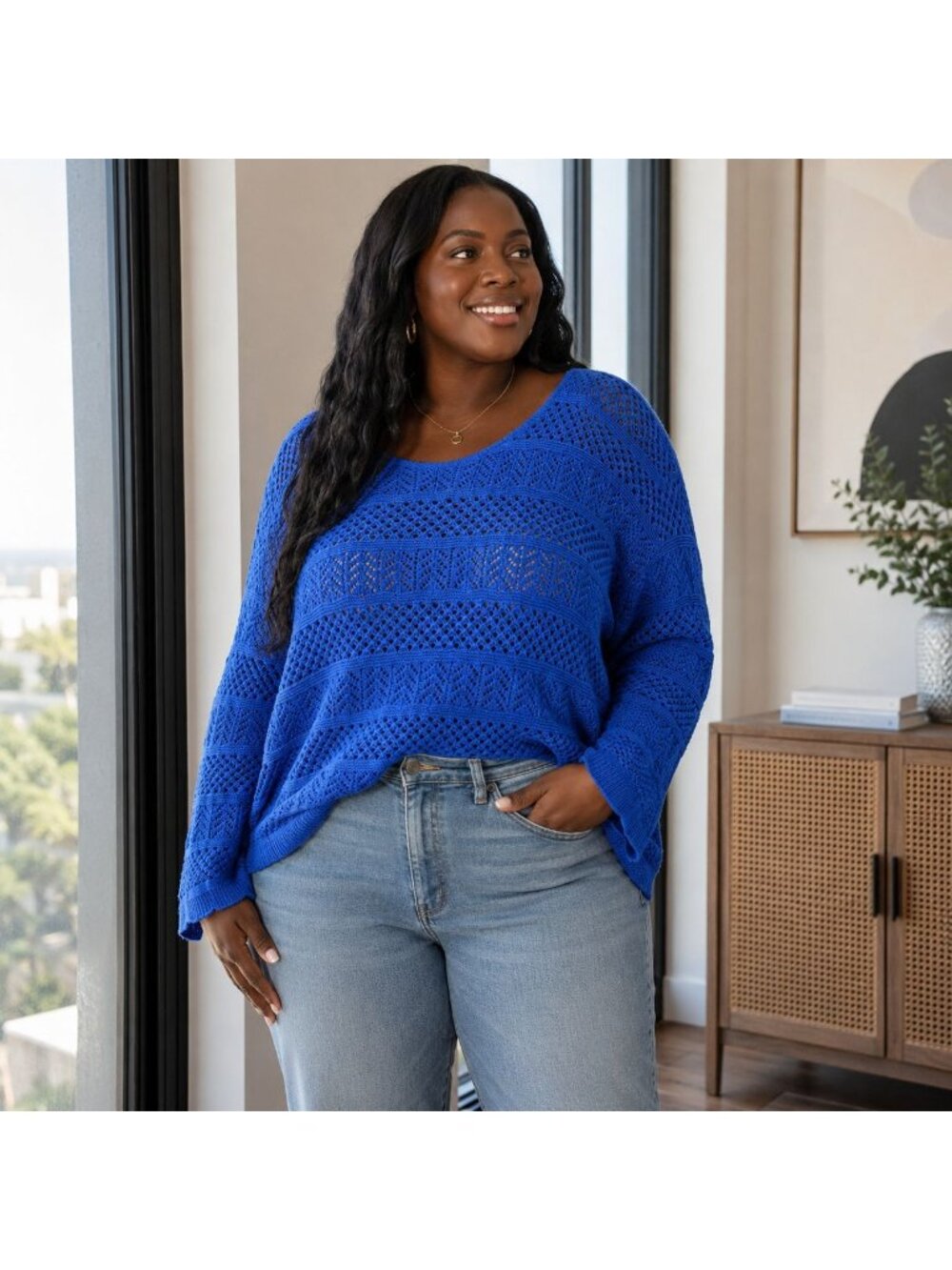 Calvin Klein Open Knit Sweater 3X Royal Blue Oversized Stretch Colorful Bright